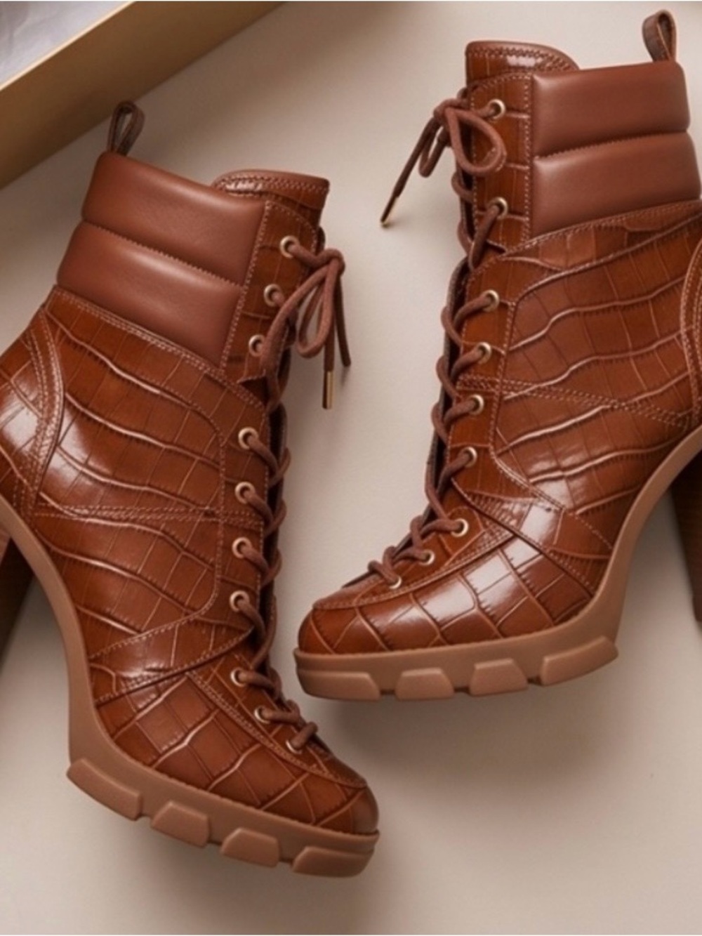 Michael Kors Ridley Brown Croc-Embossed Lace-Up Block Heel Boots